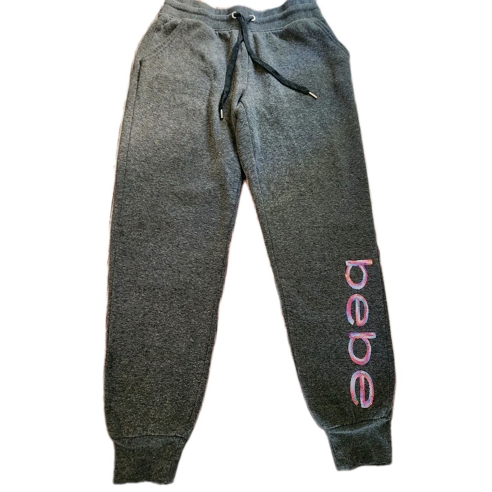 Bebe Sport‎ Joggers S Gray Fleece Sequin Logo Pants Y2K Lounge Athleisure 2000s